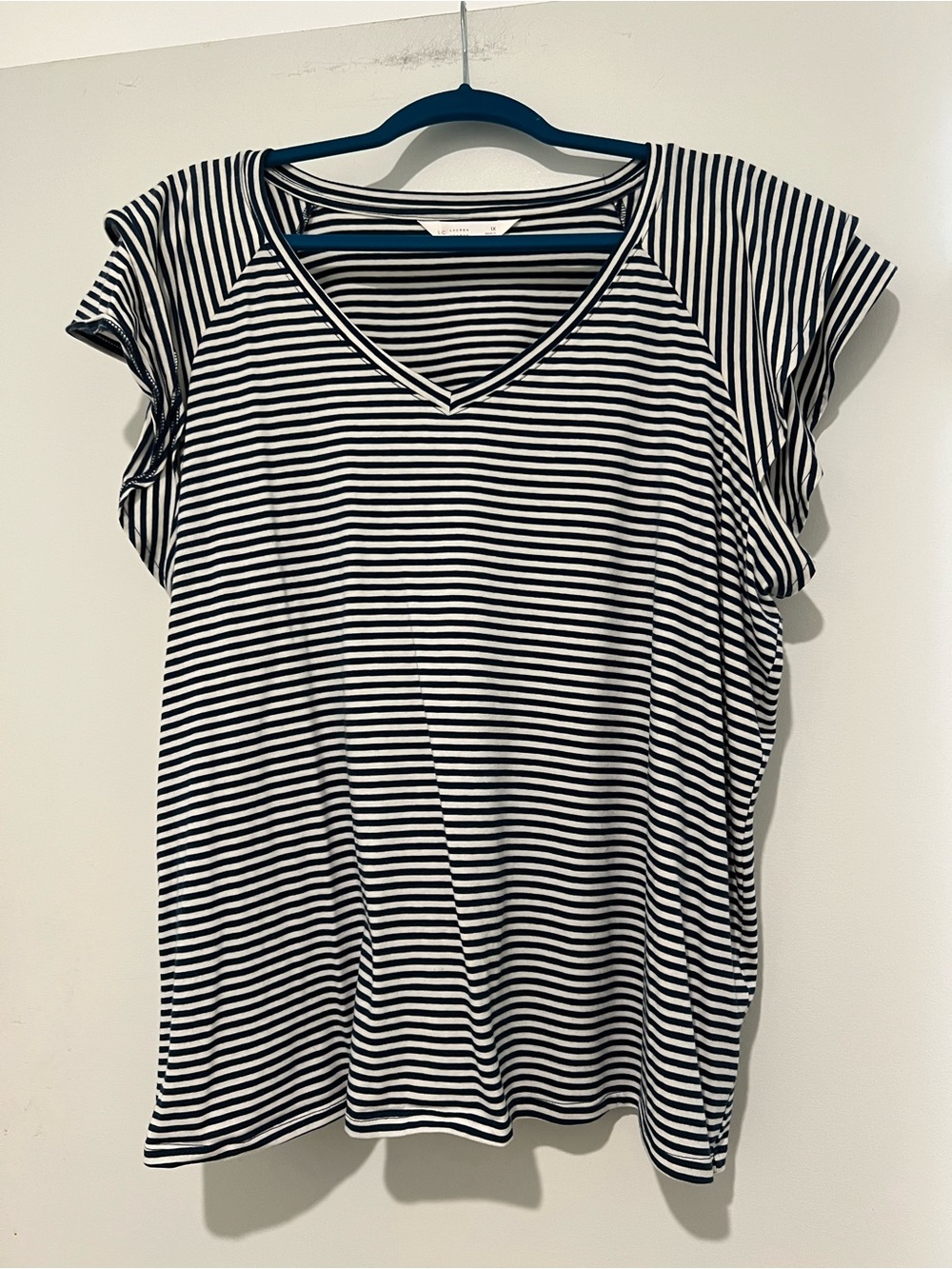 LC Lauren Conrad Navy & White Striped V-Neck Tee
